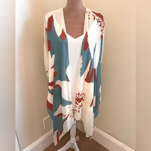 Casablanca- Blue Cream and Coral Modern Floral Print Kimono